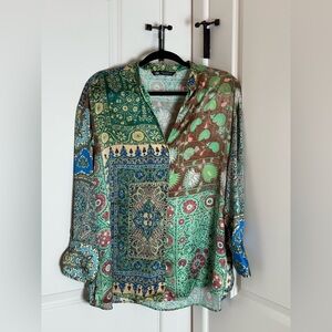Zara Green and Brown Patchwork Blouse